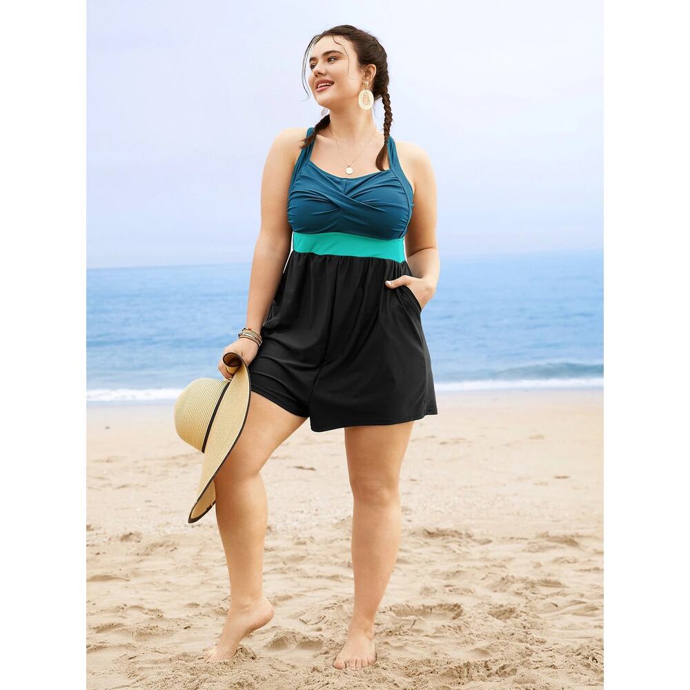 BloomChic Teal and Black Plus Size Swimdress with Green Waistband
